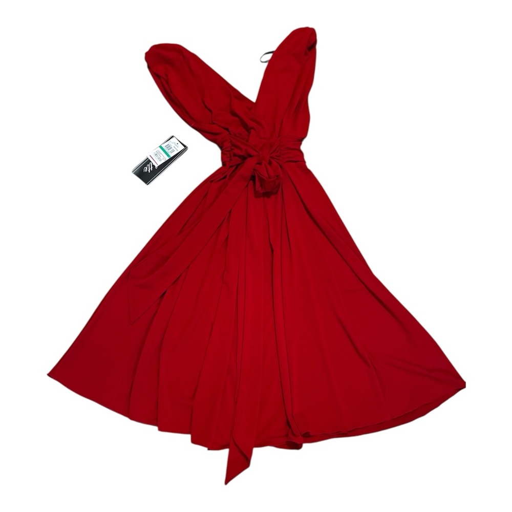 Bold Red Holiday Party Christmas Dress by Roulette Flared Bottom tie waist
